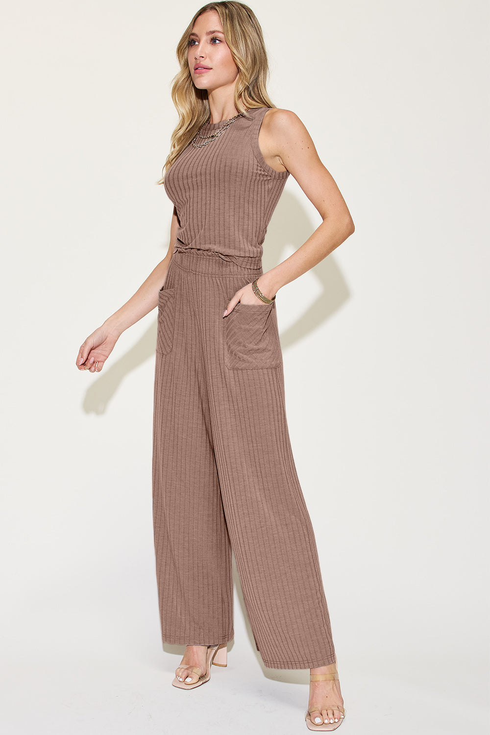SET Basic Bae Full Size Ribbed Top and Wide Leg Pants Set