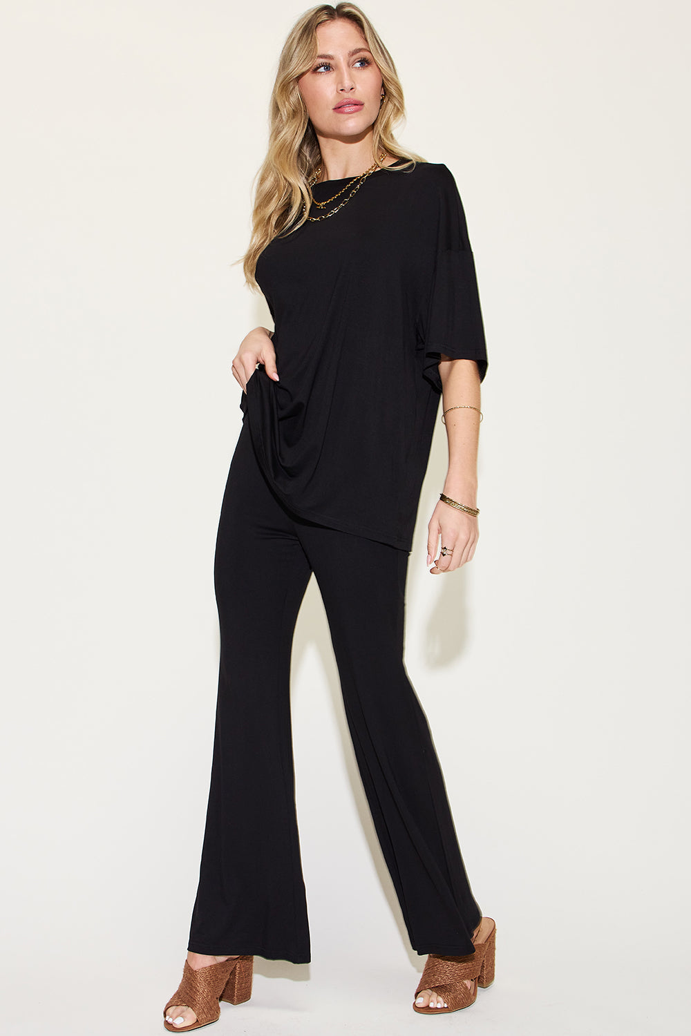 SET Basic Bae Full Size Bamboo Drop Shoulder top and Flare Pants Set
