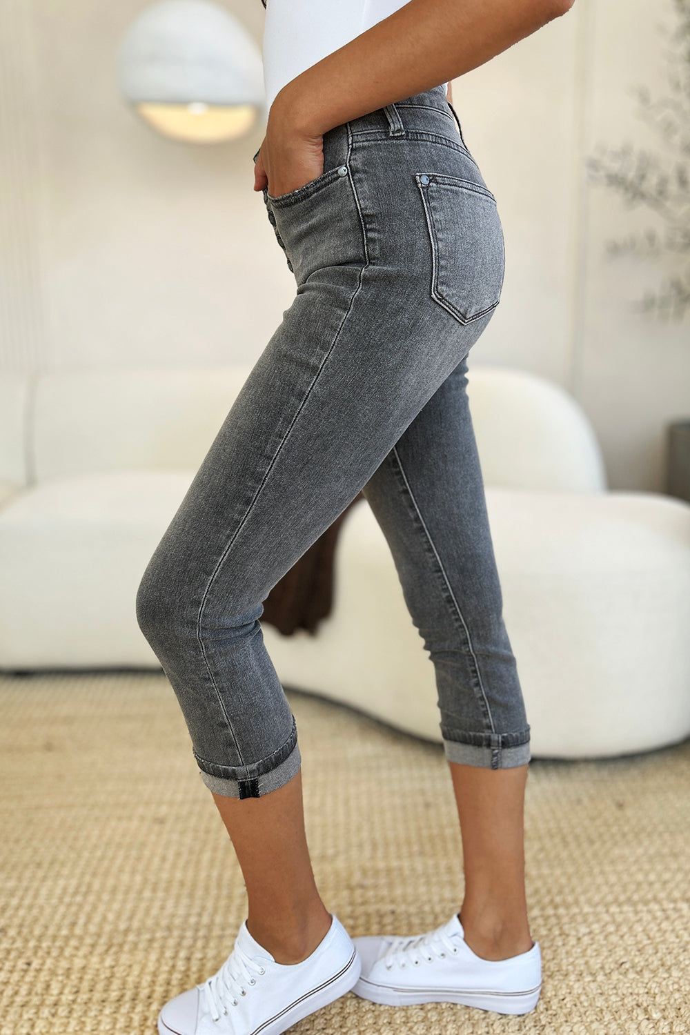 BOTTOM Judy Blue Full Size Button Fly High Waist Cuffed Capris
