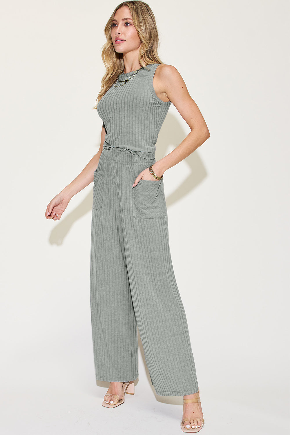SET Basic Bae Full Size Ribbed Top and Wide Leg Pants Set
