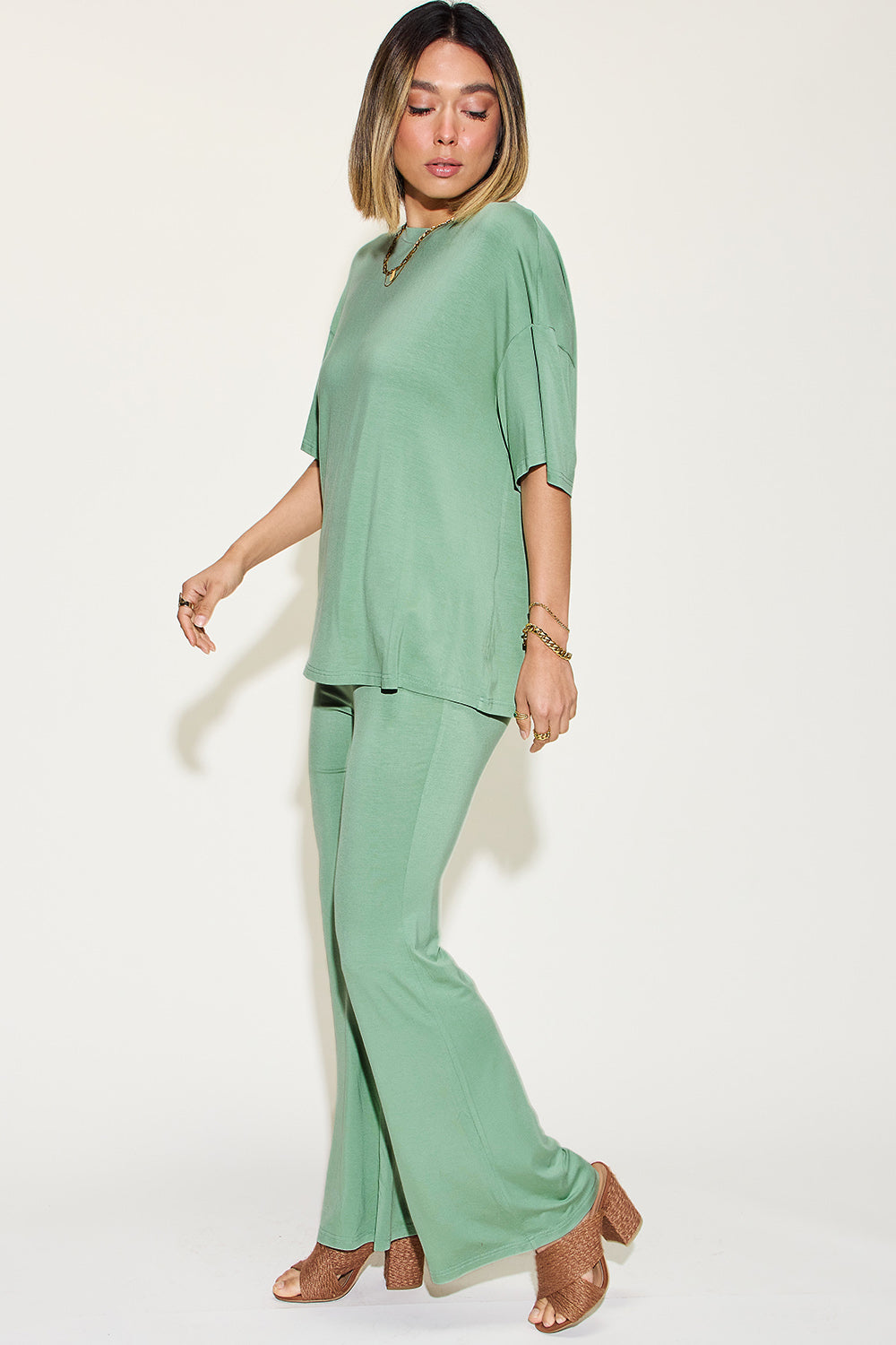 SET Basic Bae Full Size Bamboo Drop Shoulder top and Flare Pants Set