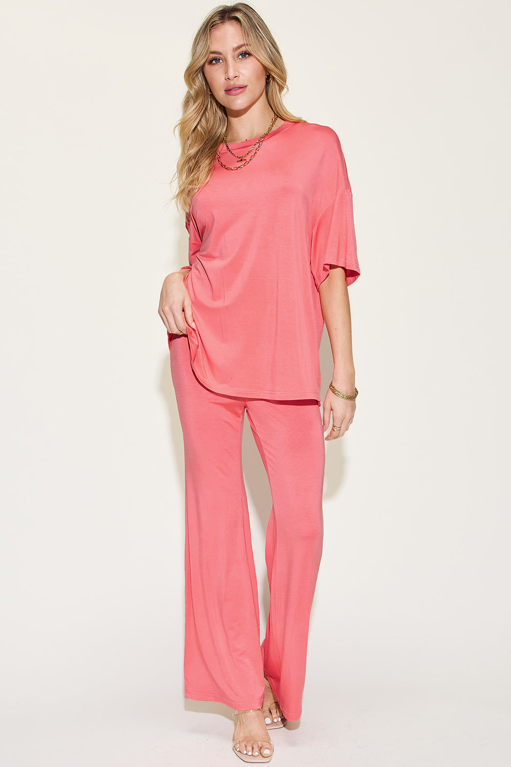 SET Basic Bae Full Size Bamboo Drop Shoulder top and Flare Pants Set