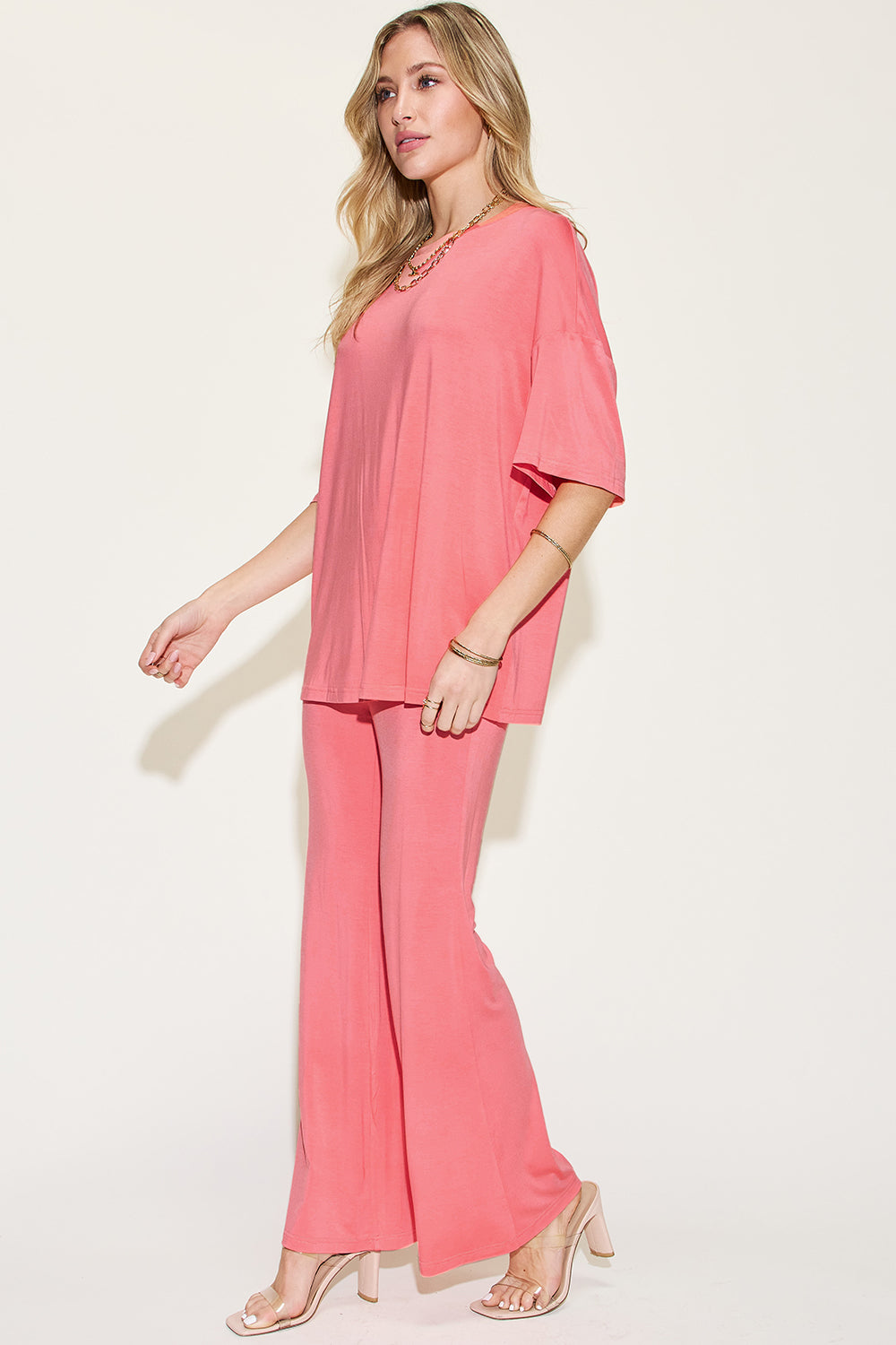SET Basic Bae Full Size Bamboo Drop Shoulder top and Flare Pants Set