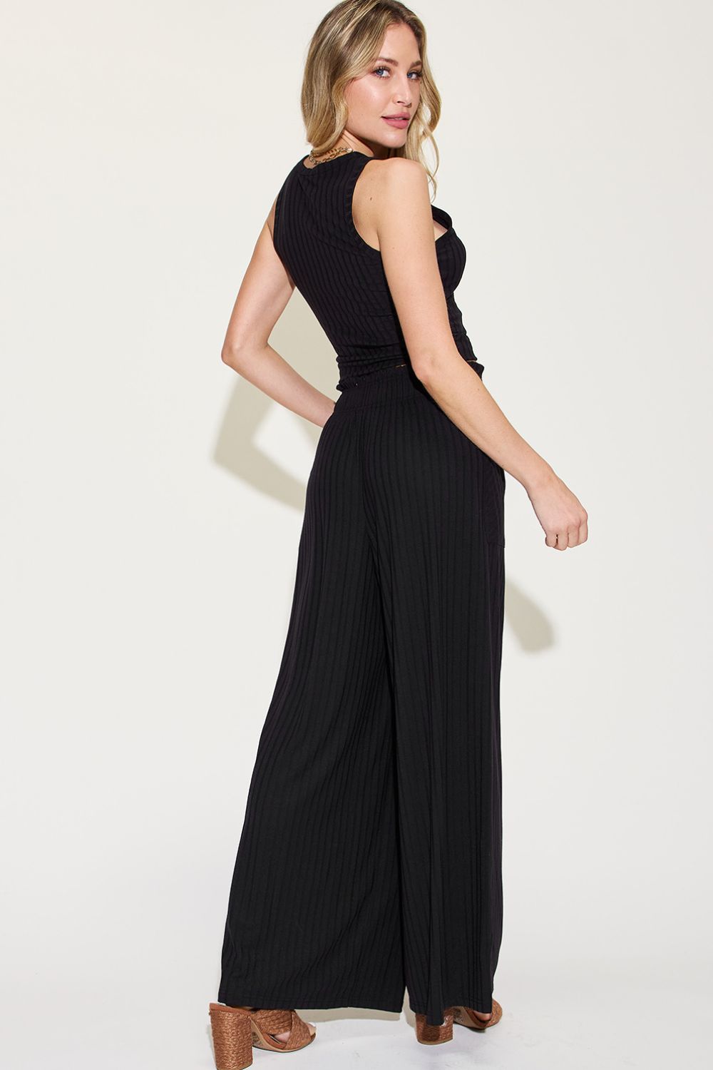SET Basic Bae Full Size Ribbed Top and Wide Leg Pants Set