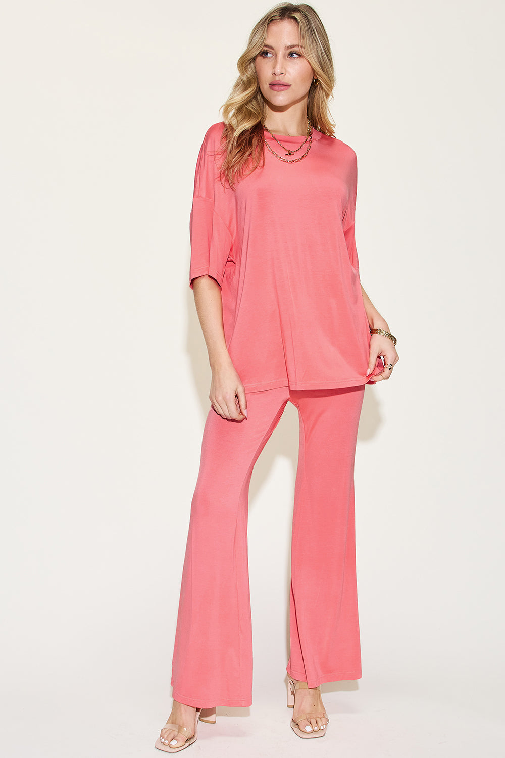 SET Basic Bae Full Size Bamboo Drop Shoulder top and Flare Pants Set
