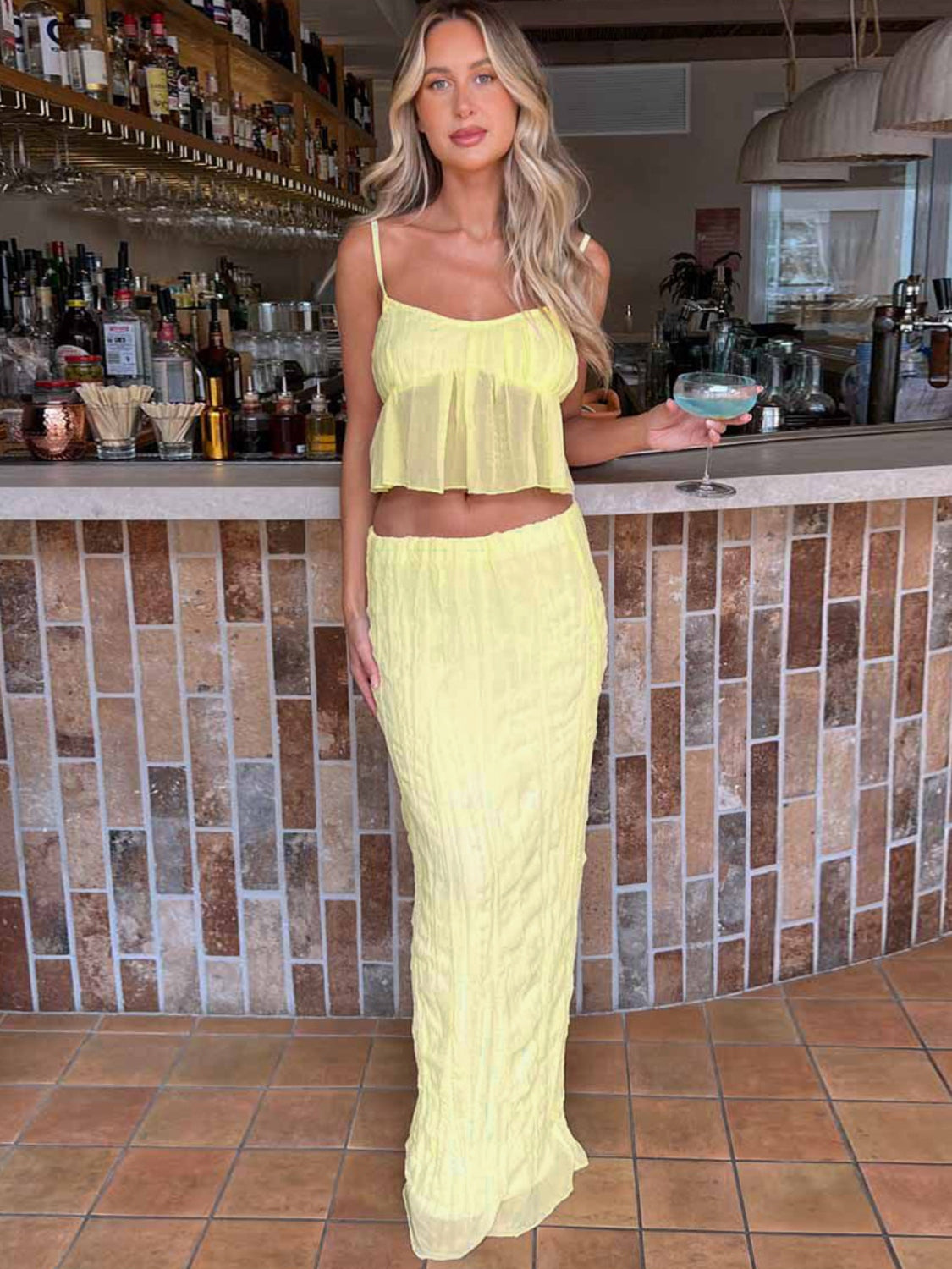 Set Square Neck Sleeveless Top and Ruched Skirt Set