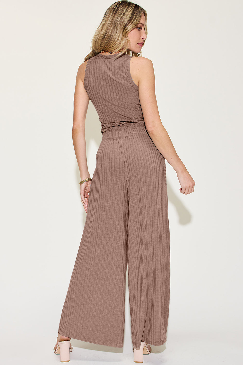 SET Basic Bae Full Size Ribbed Top and Wide Leg Pants Set