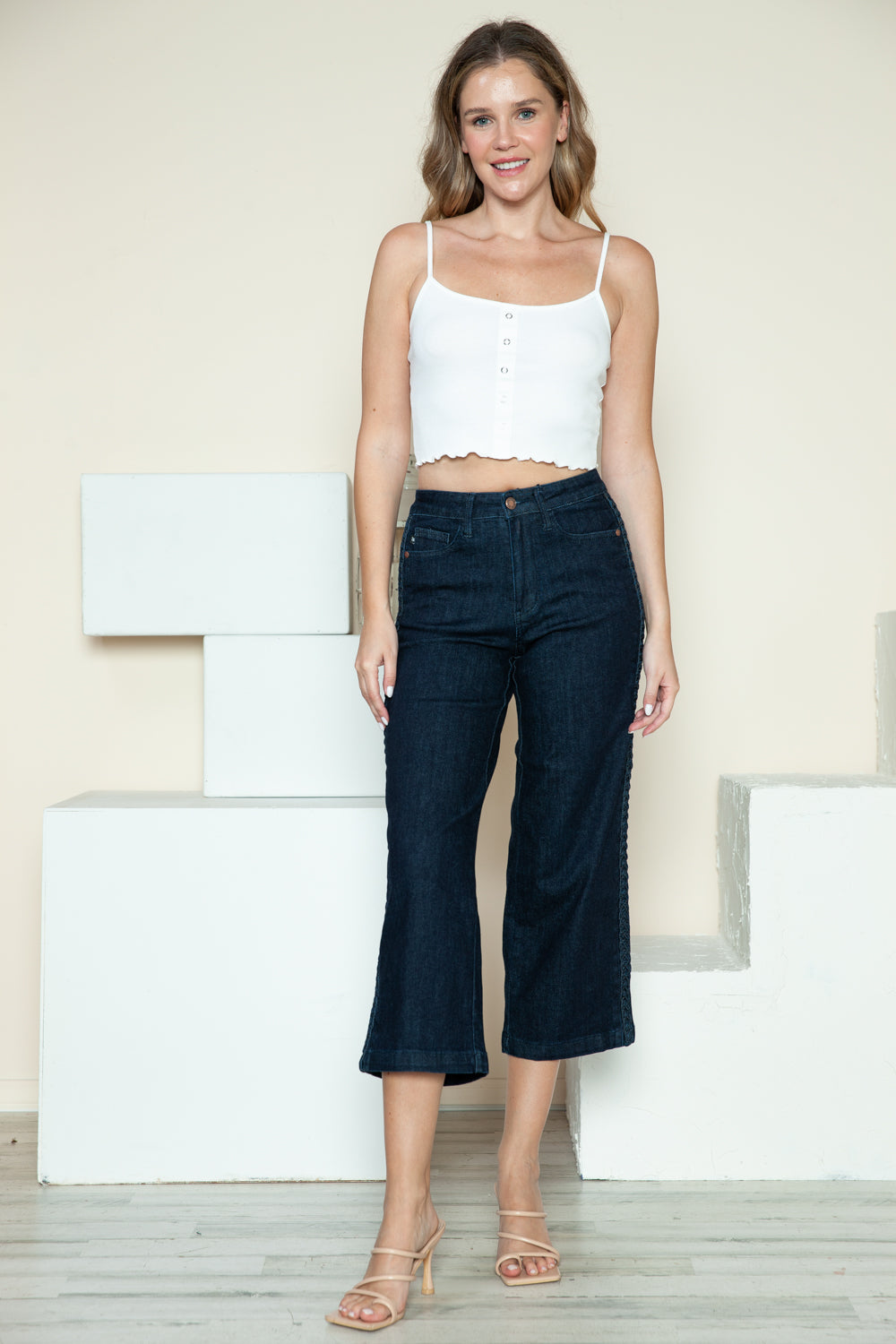 BOTTOM Full Size Side Seam Braid Detail Crop Wide Leg Jeans