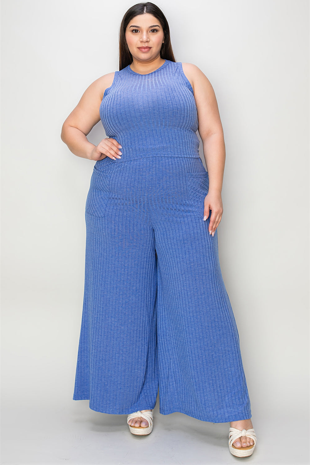 SET Basic Bae Full Size Ribbed Top and Wide Leg Pants Set