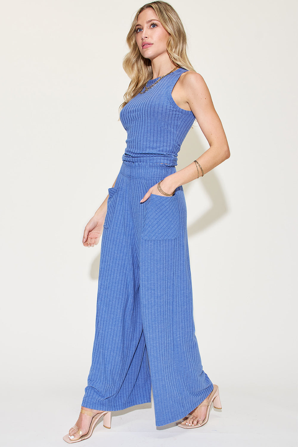 SET Basic Bae Full Size Ribbed Top and Wide Leg Pants Set