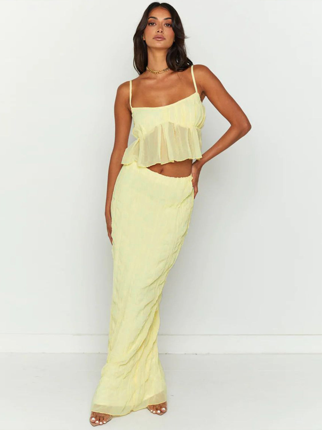 Set Square Neck Sleeveless Top and Ruched Skirt Set
