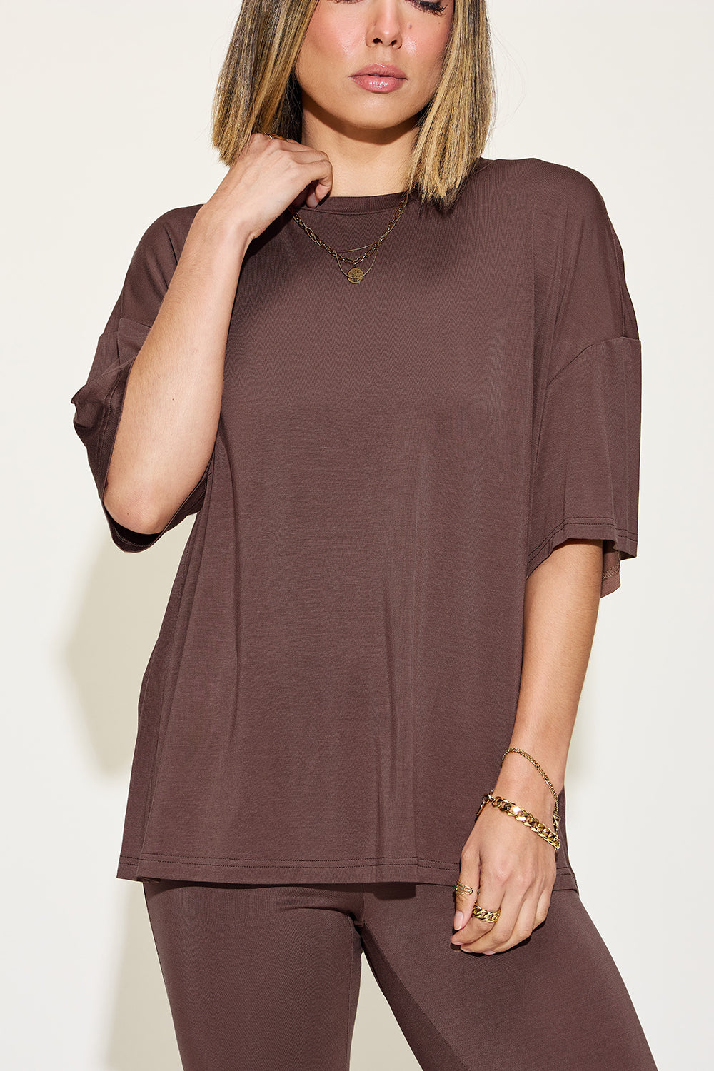 SET Basic Bae Full Size Bamboo Drop Shoulder top and Flare Pants Set
