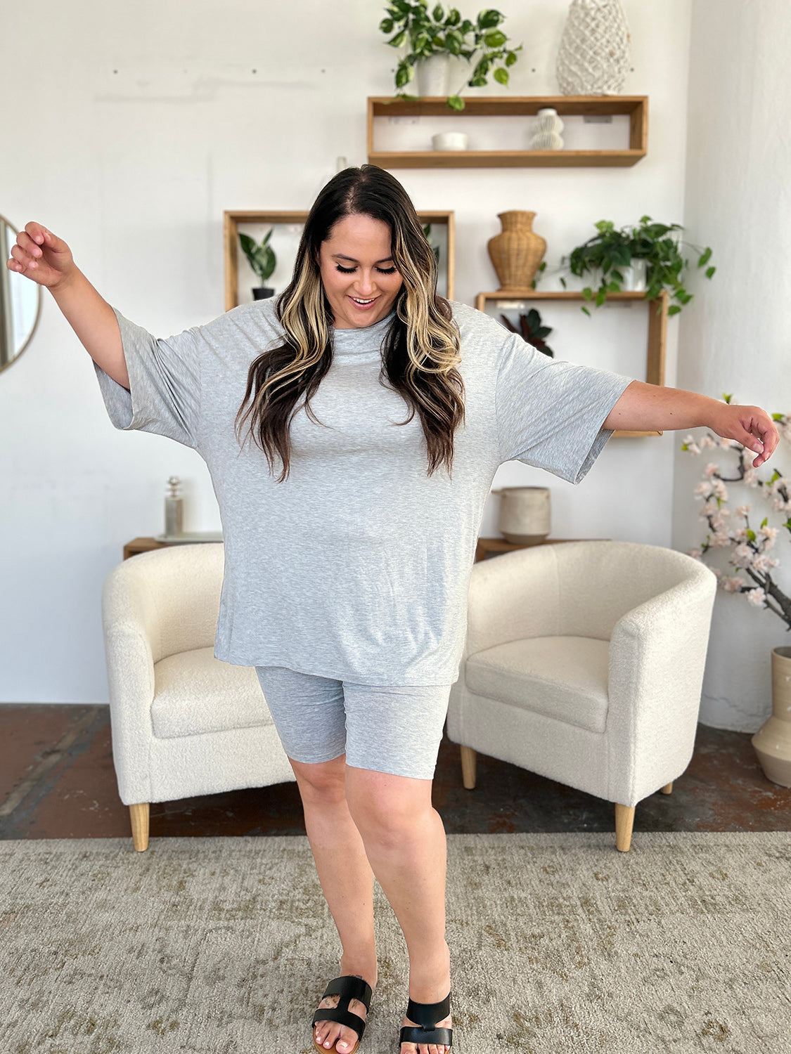 SET Basic Bae Bamboo Full Size Round Neck Drop Shoulder Top and Shorts Set