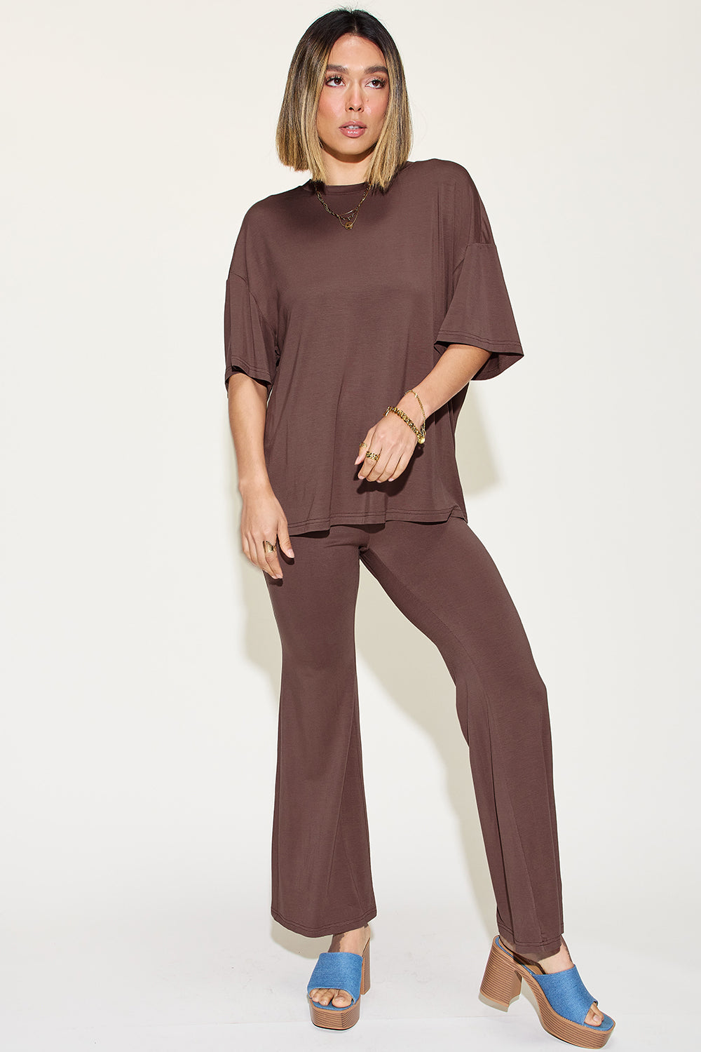 SET Basic Bae Full Size Bamboo Drop Shoulder top and Flare Pants Set
