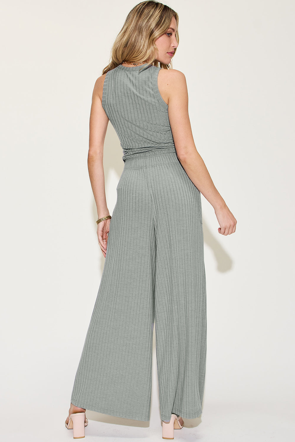 SET Basic Bae Full Size Ribbed Top and Wide Leg Pants Set