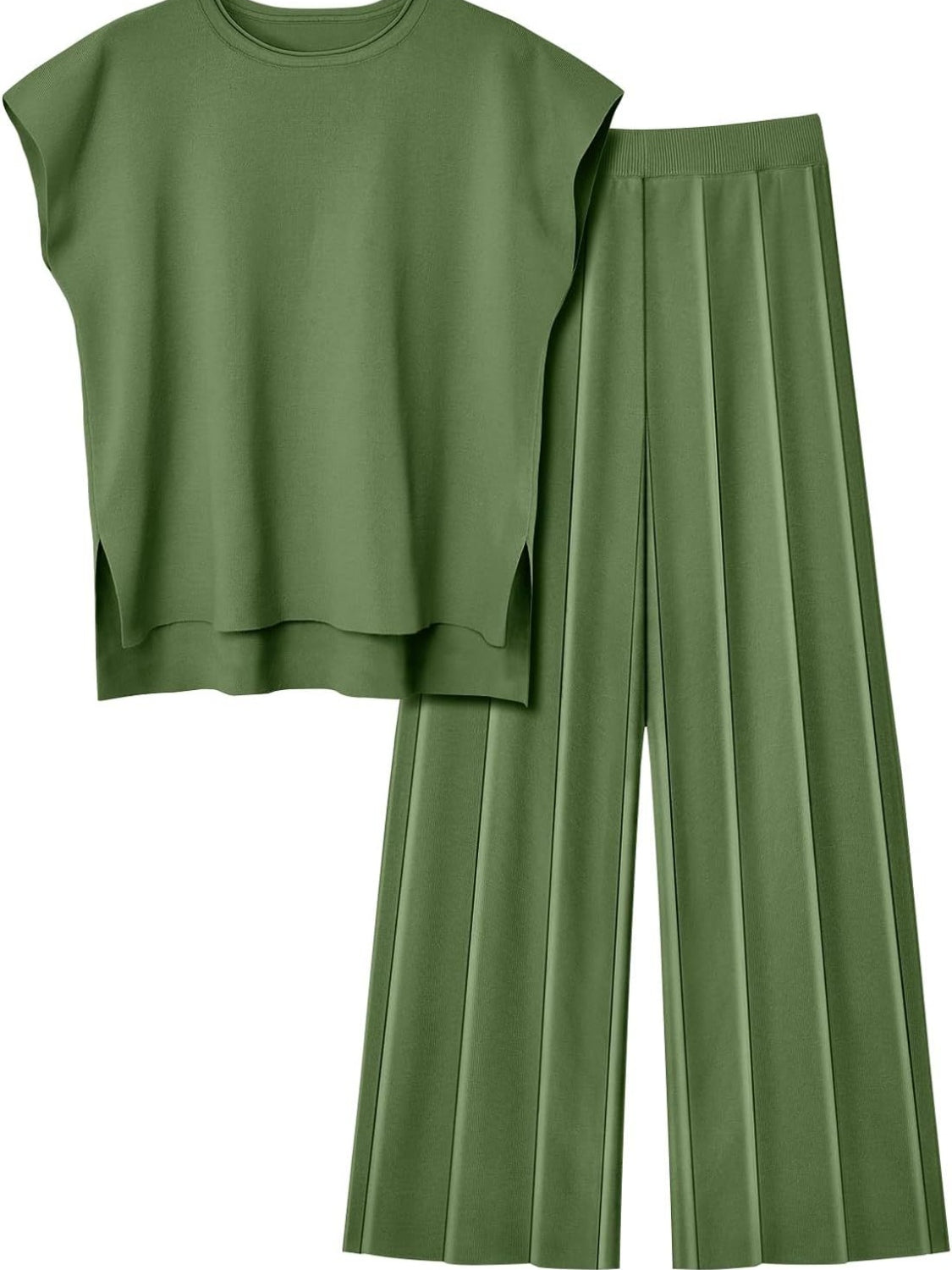 Set Round Neck Cap Sleeve Top and Pants Knit Set