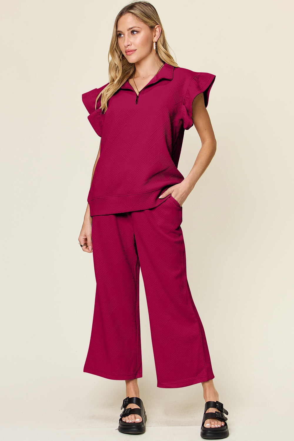 SET Double Take Texture Ruffle Short Sleeve Top and Drawstring Wide Leg Pants Set