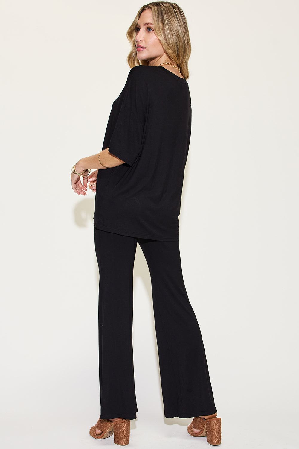 SET Basic Bae Full Size Bamboo Drop Shoulder top and Flare Pants Set