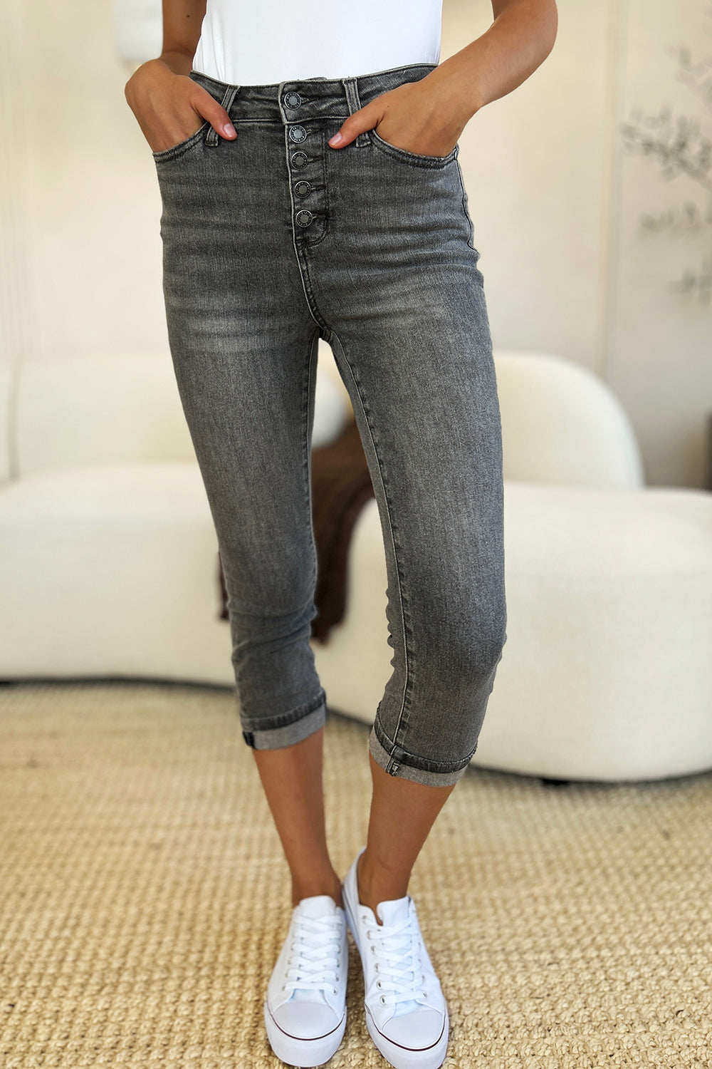 BOTTOM Judy Blue Full Size Button Fly High Waist Cuffed Capris