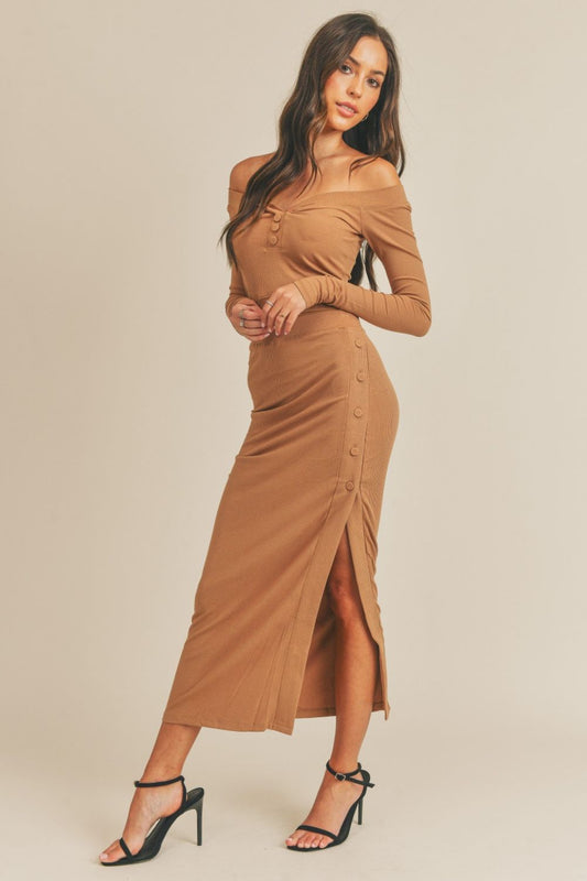 Set MABLE Button Detail Crop Top and Slit Midi Skirt Set