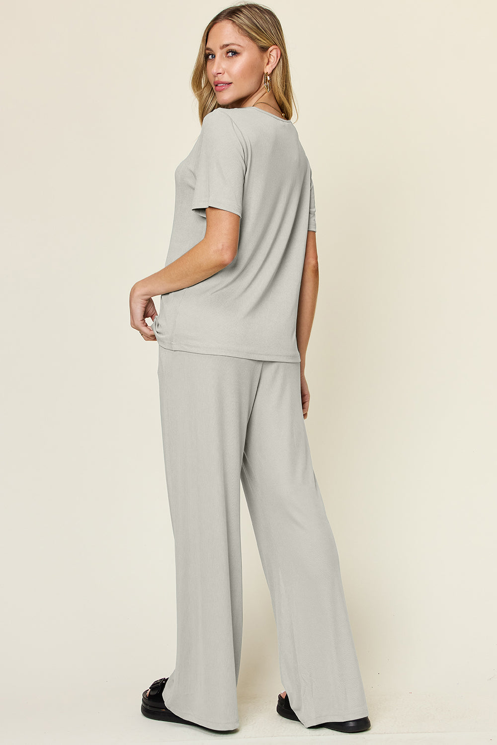 SET Double Take Full Size Round Neck Short Sleeve Top and Wide Leg Pants Set