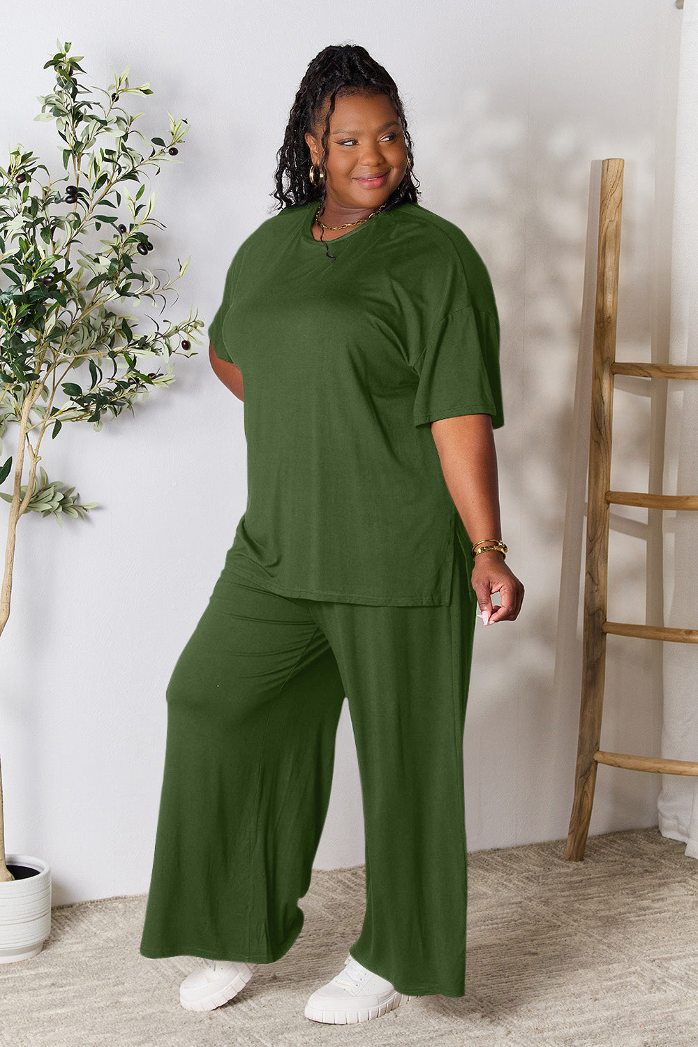 Set Double Take Full Size Round Neck Slit Top and Pants Set