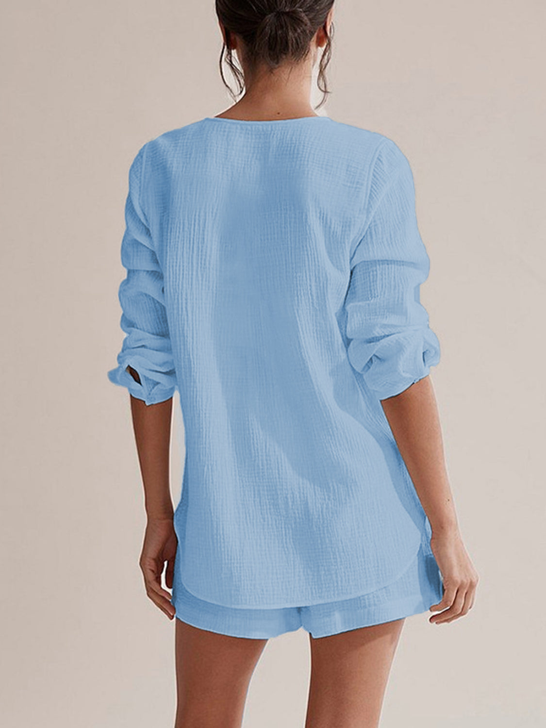 SET Notched Long Sleeve Top and Shorts Set