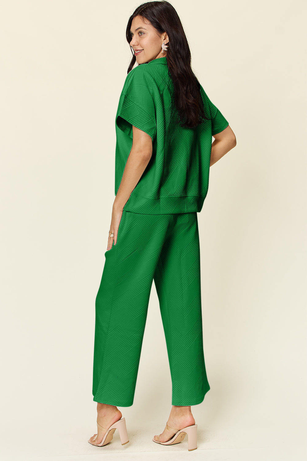 SET Double Take Full Size Texture Half Zip Short Sleeve Top and Pants Set