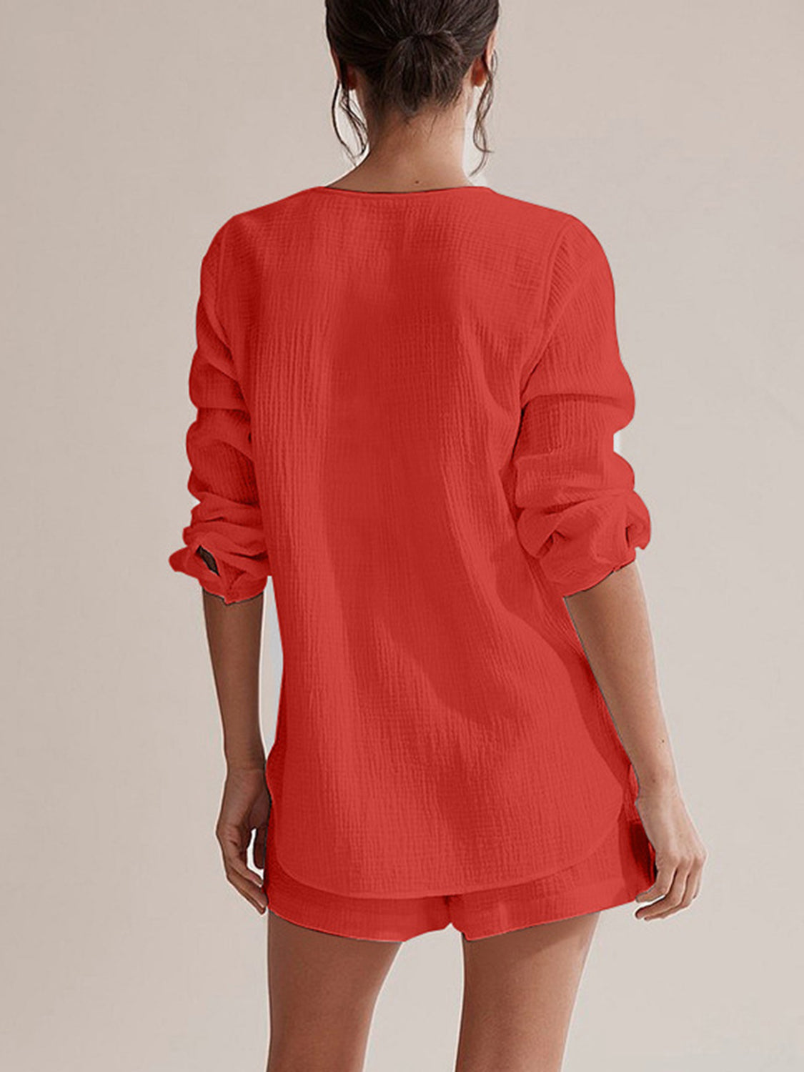 SET Notched Long Sleeve Top and Shorts Set