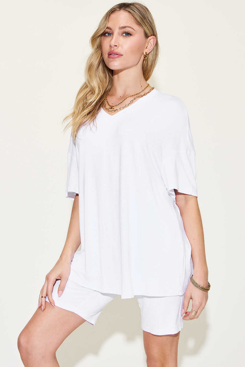 SET Basic Bae Full Size V-Neck Drop Shoulder Top and Shorts Set