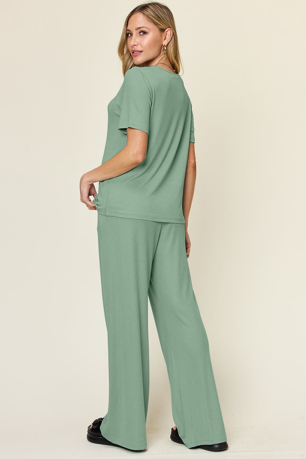 SET Double Take Full Size Round Neck Short Sleeve Top and Wide Leg Pants Set
