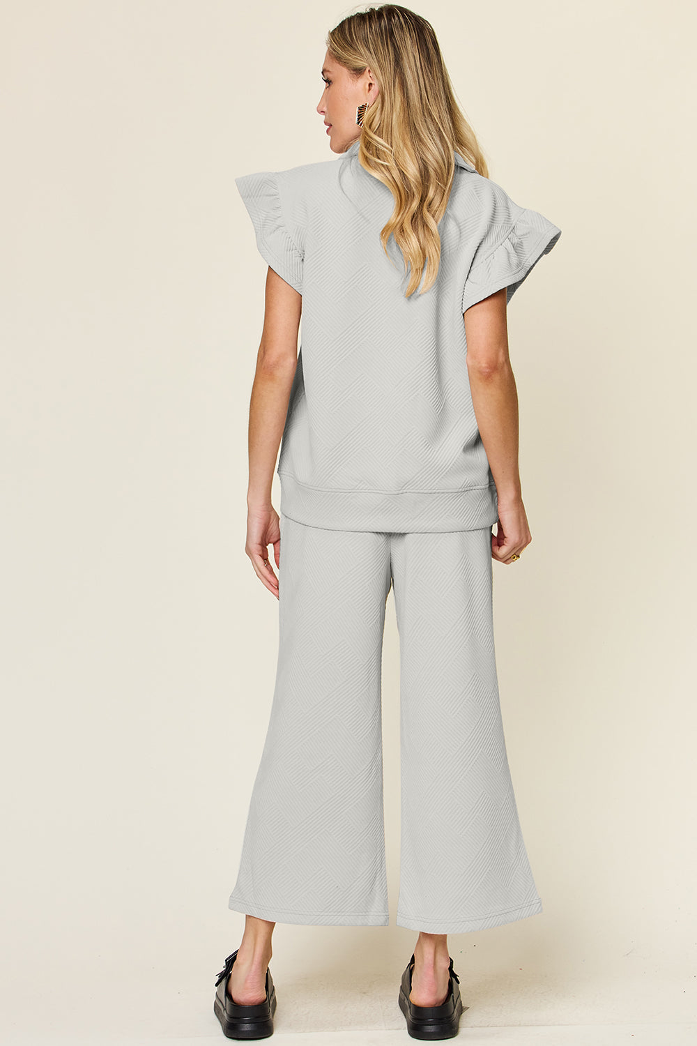 SET Double Take Texture Ruffle Short Sleeve Top and Drawstring Wide Leg Pants Set