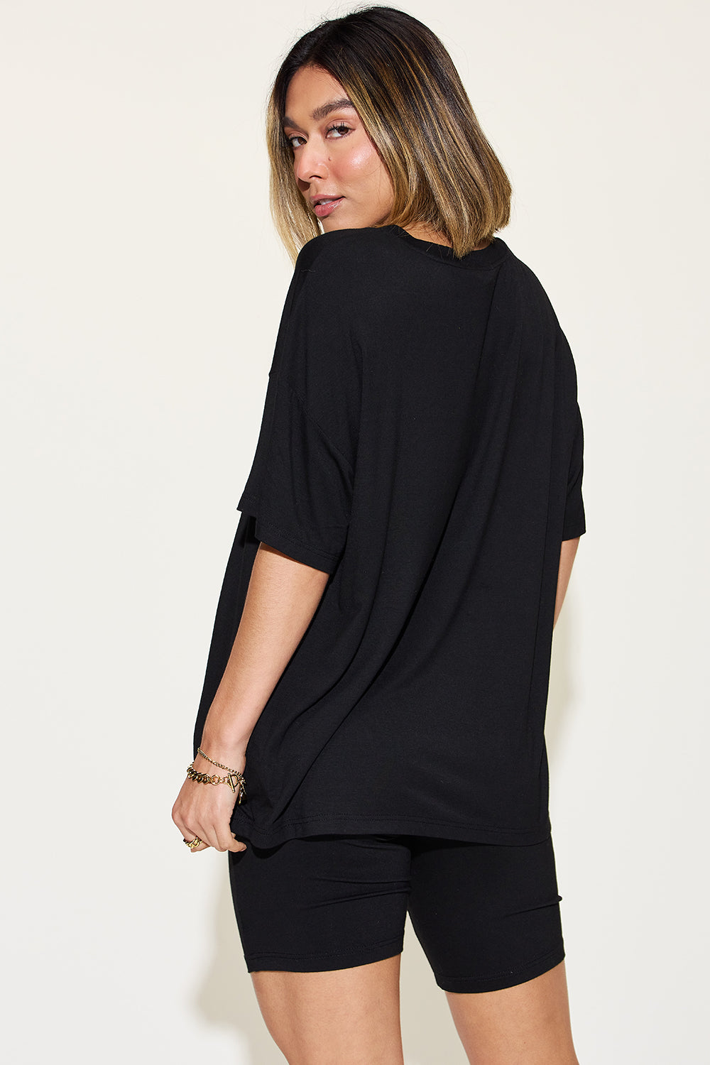 SET Basic Bae Full Size V-Neck Drop Shoulder Top and Shorts Set