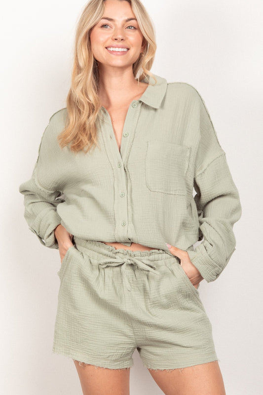 Set VERY J Texture Button Up Shirt and Shorts Set