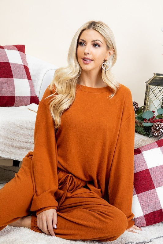 Set Super Lady Full Size Fuzzy Hacci Brush Round Neck Top and Pants Lounge Set