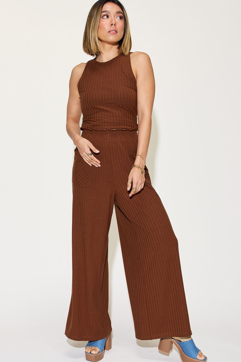 SET Basic Bae Full Size Ribbed Top and Wide Leg Pants Set