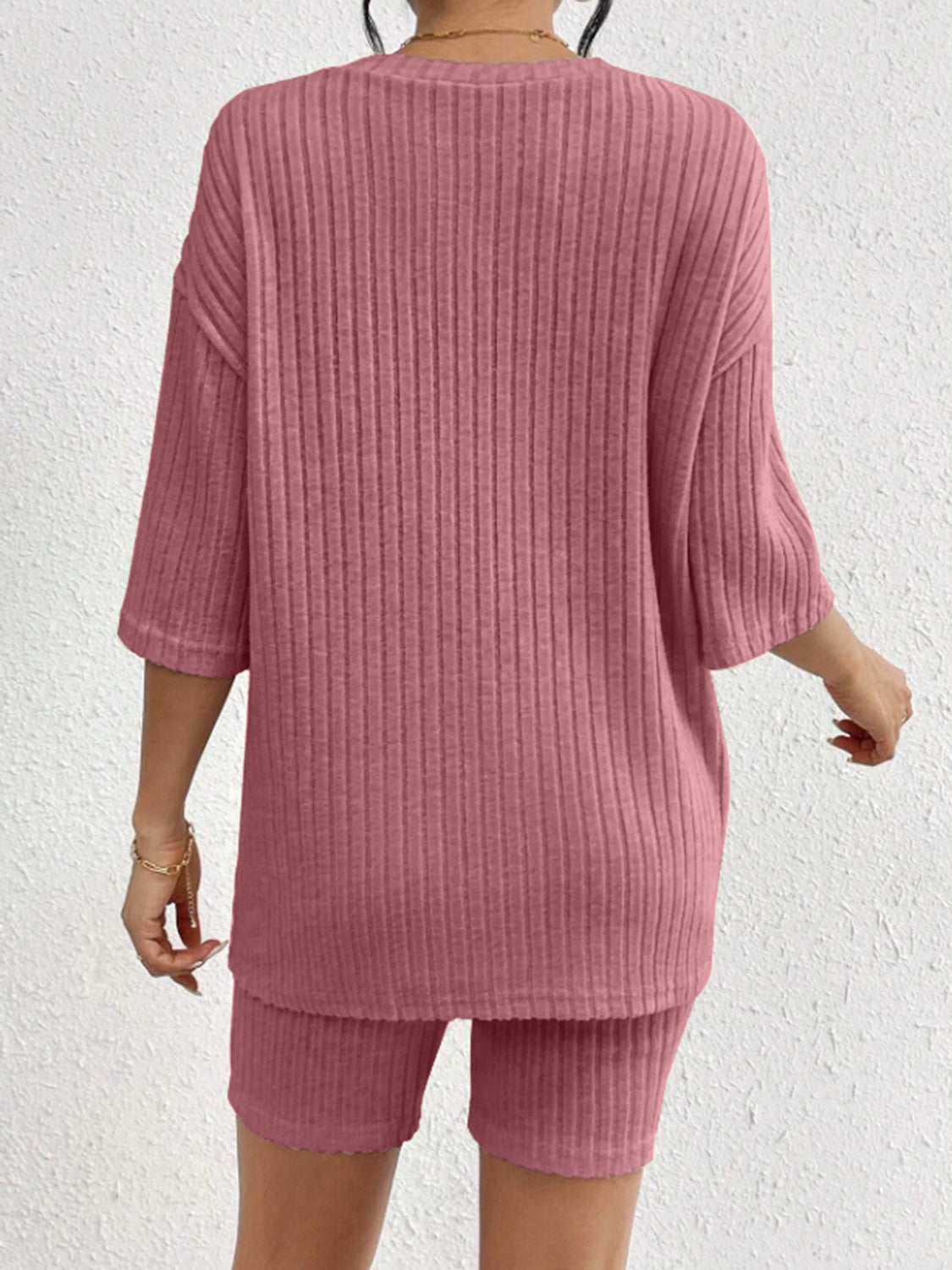 Set Ribbed Round Neck Top and Shorts