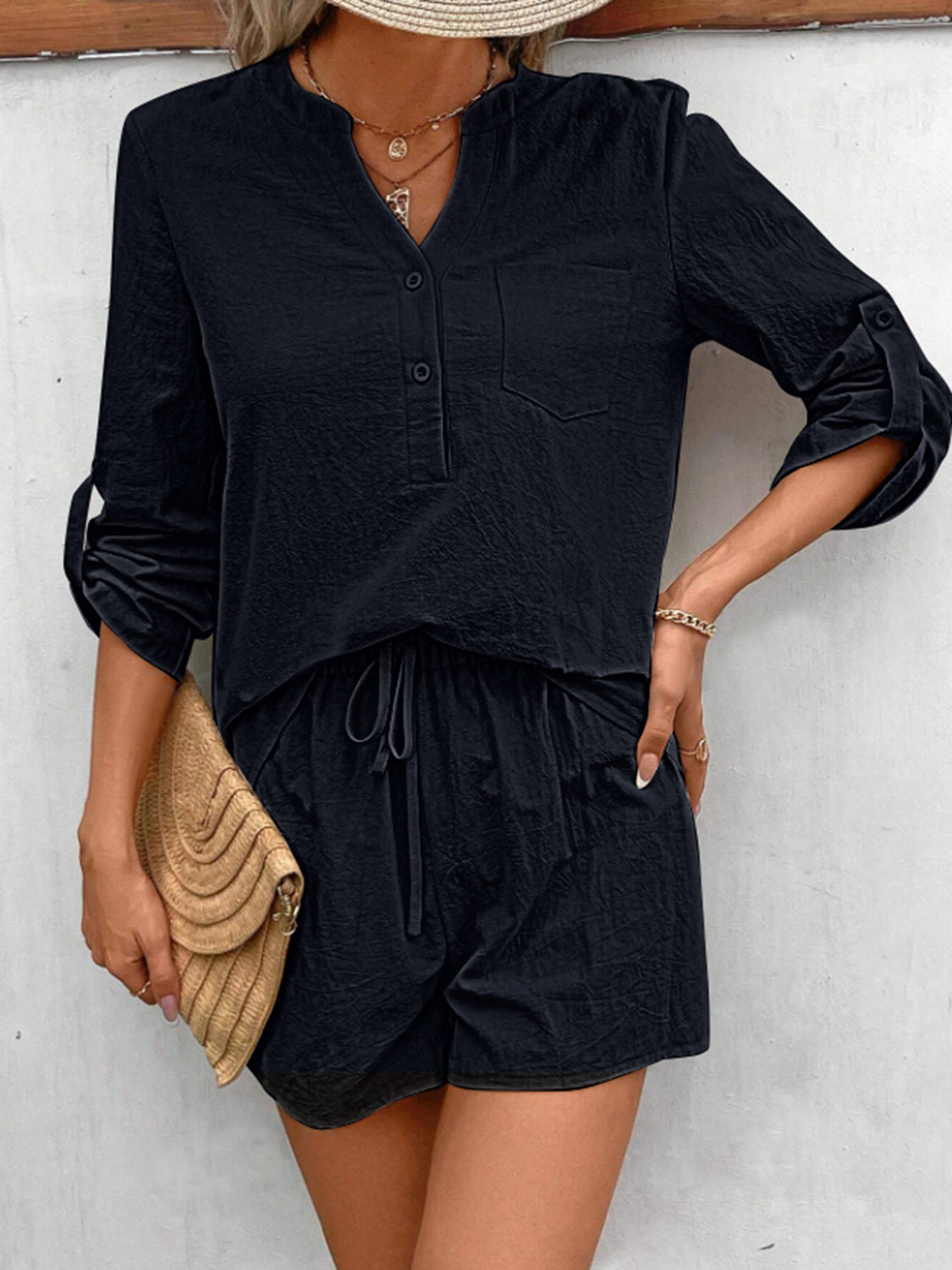 SET Notched Long Sleeve Top and Shorts Set