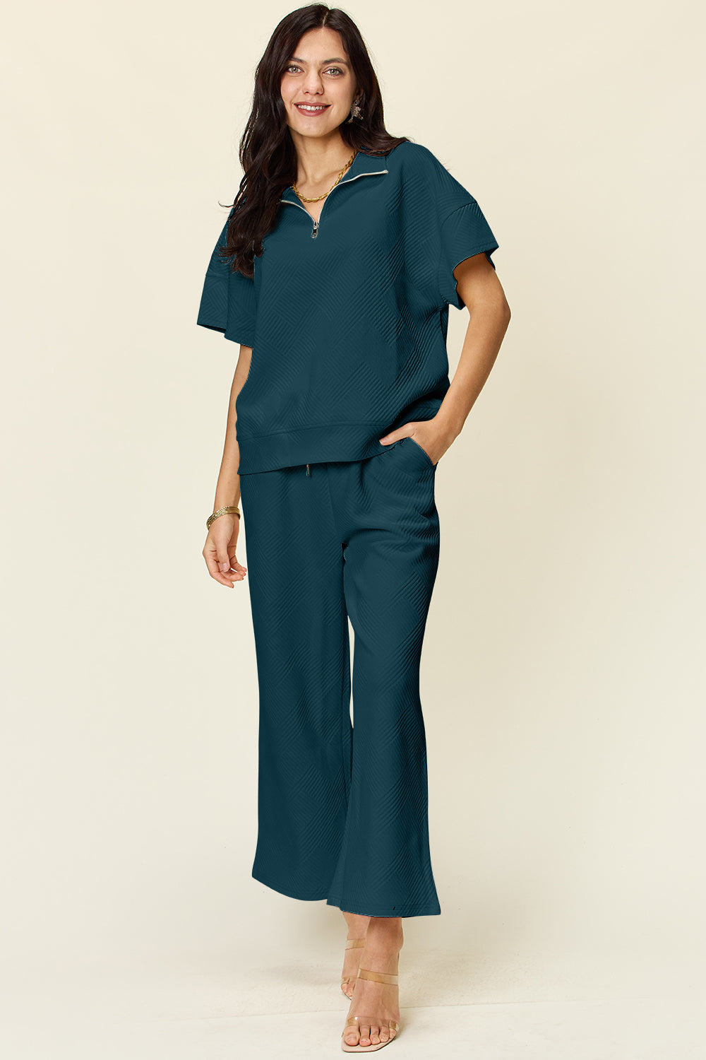 SET Double Take Full Size Texture Half Zip Short Sleeve Top and Pants Set