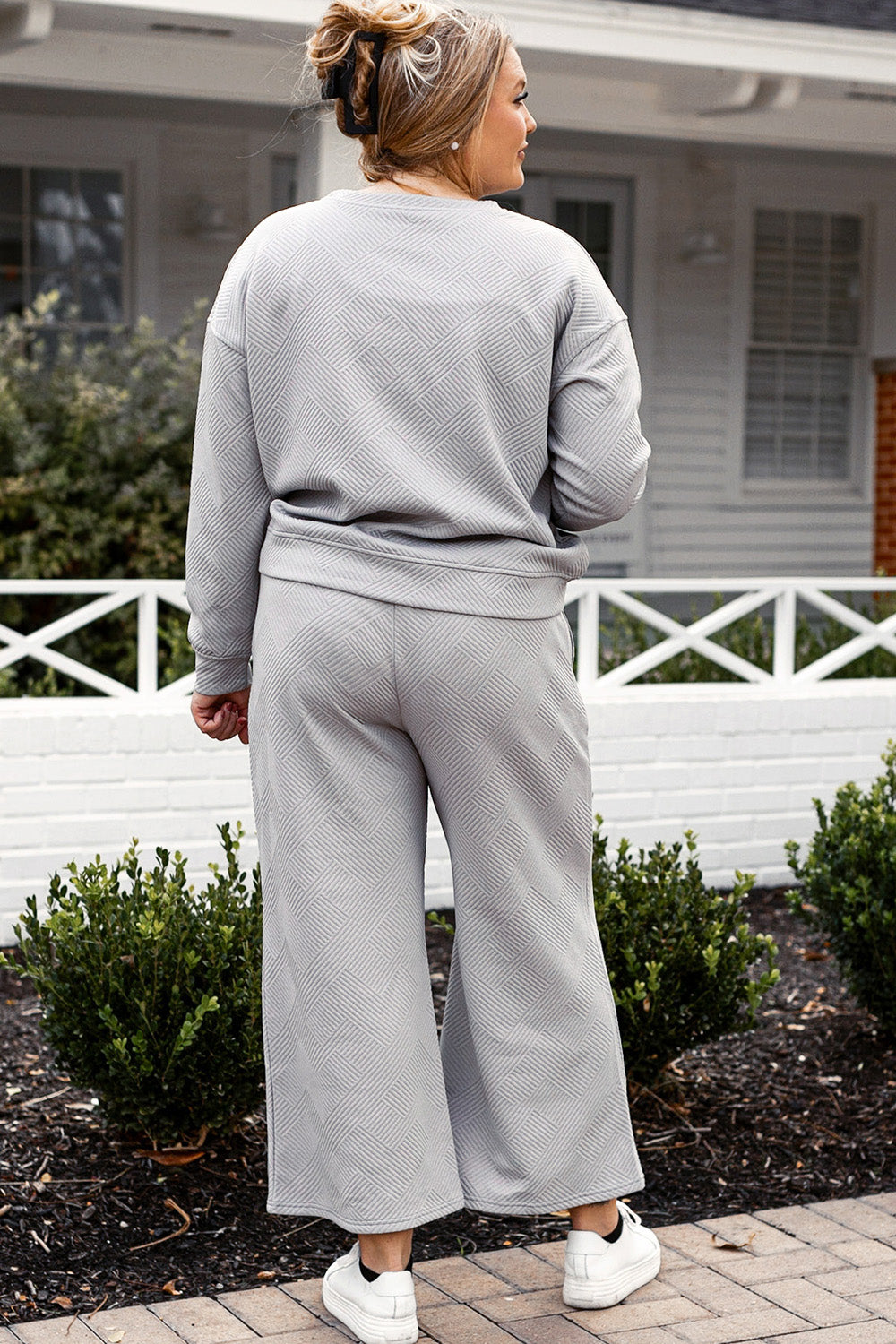 SET Double Take Full Size Textured Long Sleeve Top and Drawstring Pants Set