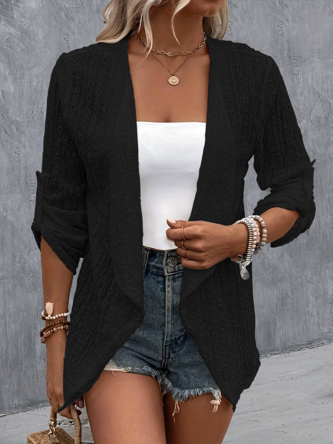 Outerwear Eyelet Roll-Tab Sleeve Cardigan