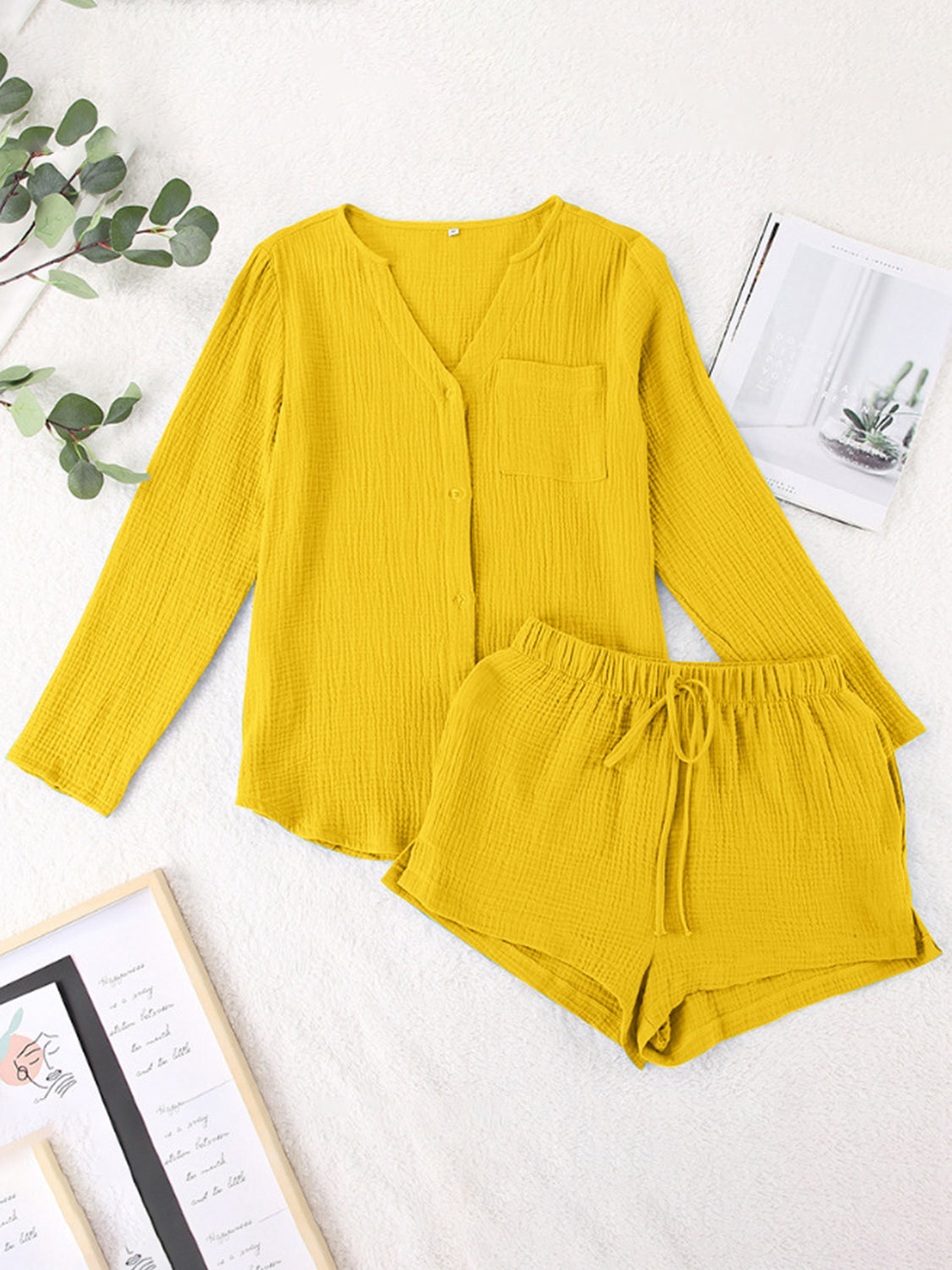 SET Notched Long Sleeve Top and Shorts Set