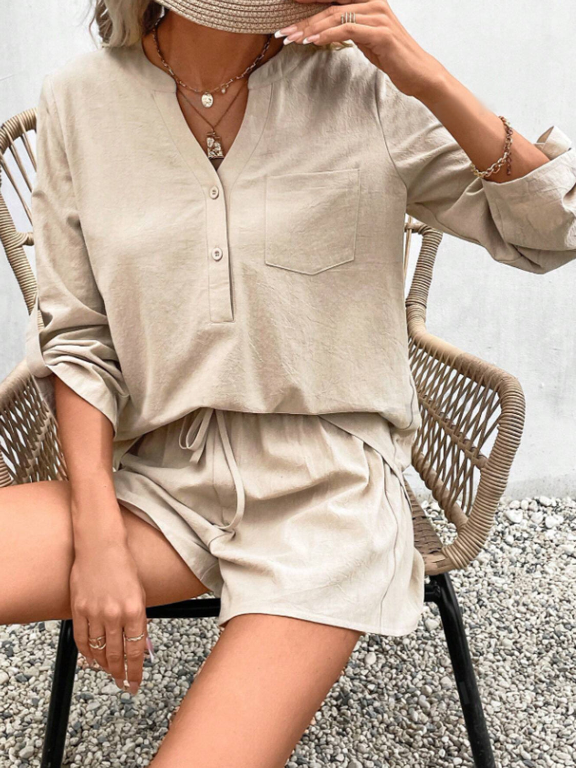 SET Notched Long Sleeve Top and Shorts Set