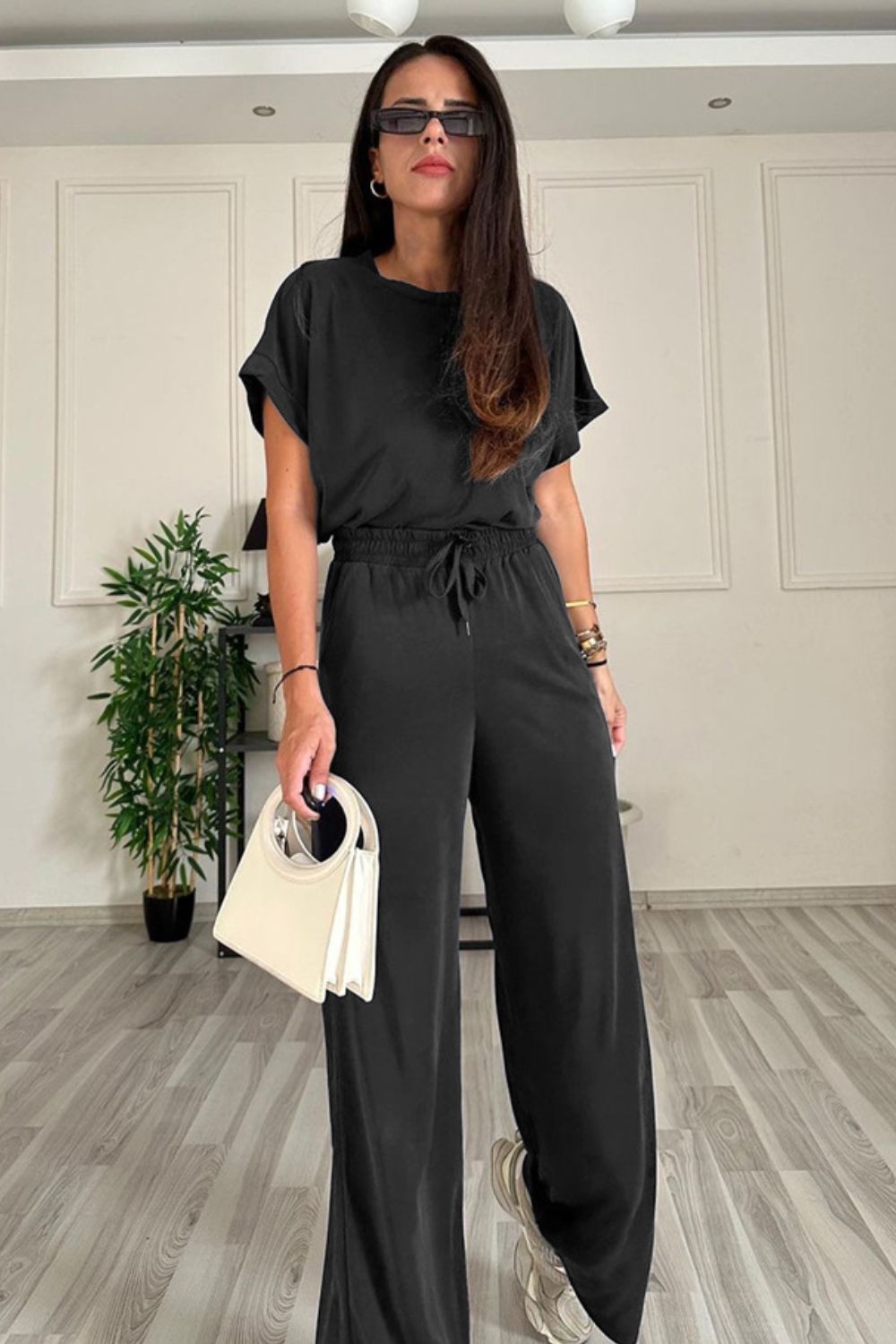 Set Round Neck Short Sleeve Top and Drawstring Pants Set