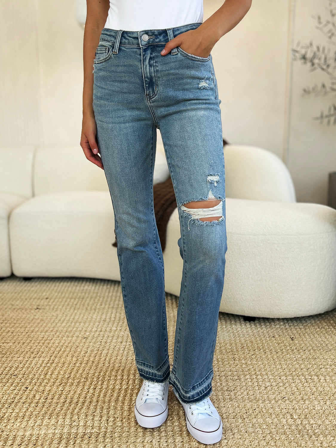 BOTTOM Judy Blue Full Size Mid Rise Destroyed Hem Distressed Jeans