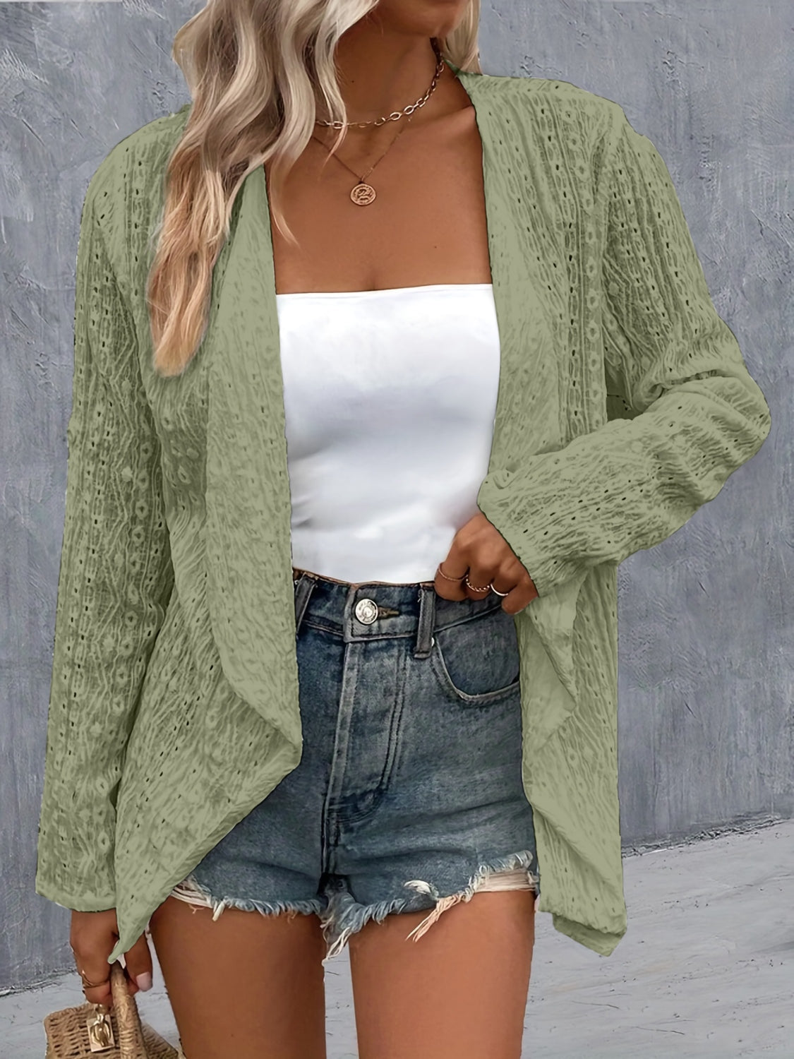 Outerwear Eyelet Roll-Tab Sleeve Cardigan