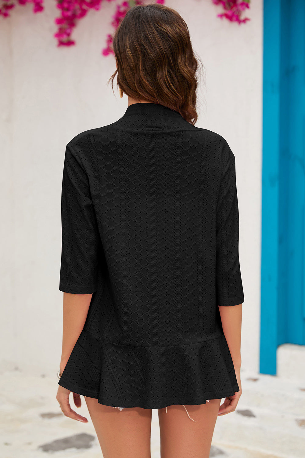 Outerwear Eyelet Open Front Cardigan