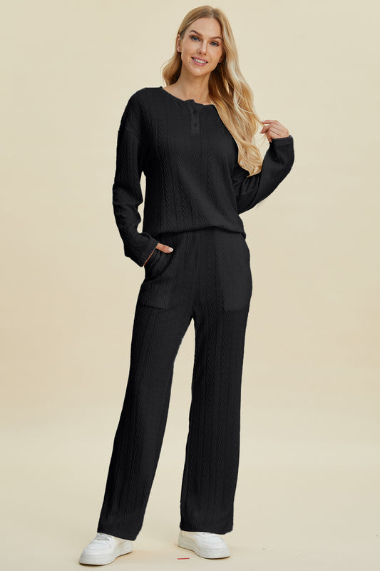 SET Double Take Full Size Cable-Knit Long Sleeve Top and Pants Set