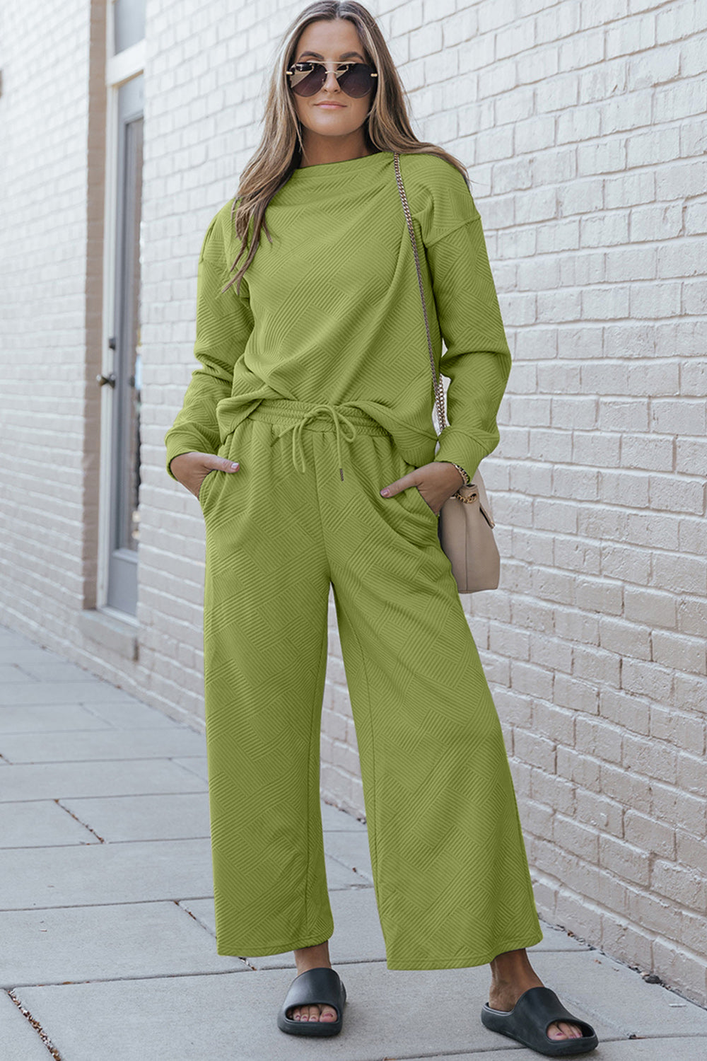 SET Double Take Full Size Textured Long Sleeve Top and Drawstring Pants Set