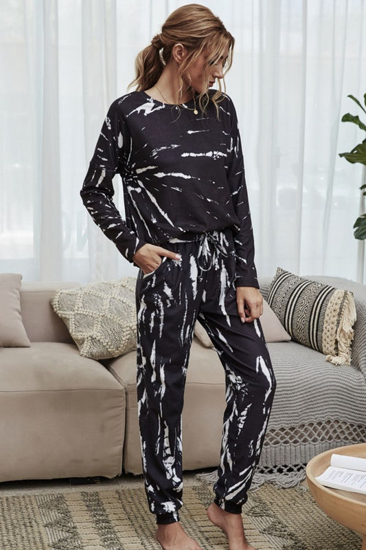 Set Shiny Tie-Dye Round Neck Top and Drawstring Waist Joggers Lounge Set
